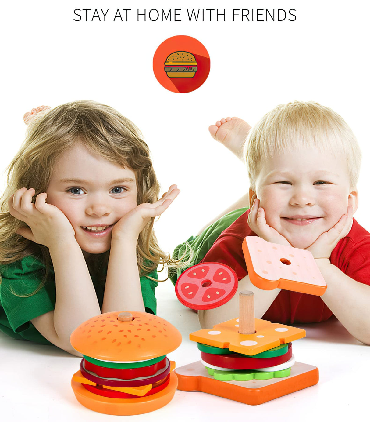 Wooden Burger Sandwich Stacking Toys for Kids, Play Food Toy for Toddlers, Montessori Toys for 3 Year Old, Preschool Educational Toys to Develop Fine Motor Skills MIKNEKE