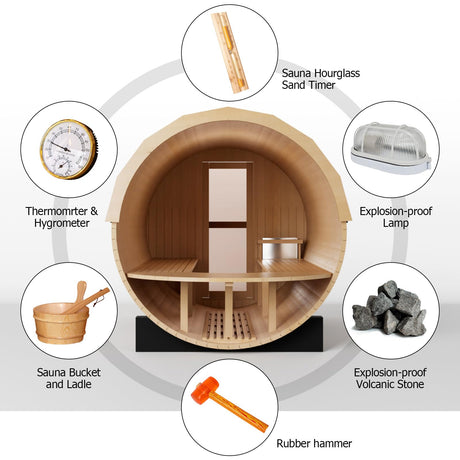 iDOTODO Outdoor Wooden Panoramic Barrel Sauna, 6-8 Person Sauna Room, 6kw Harvia Electric Heater with Sauna Stone, Sauna Accessories and Asphalt Shingle Roof (Red Ceder) iDOTODO