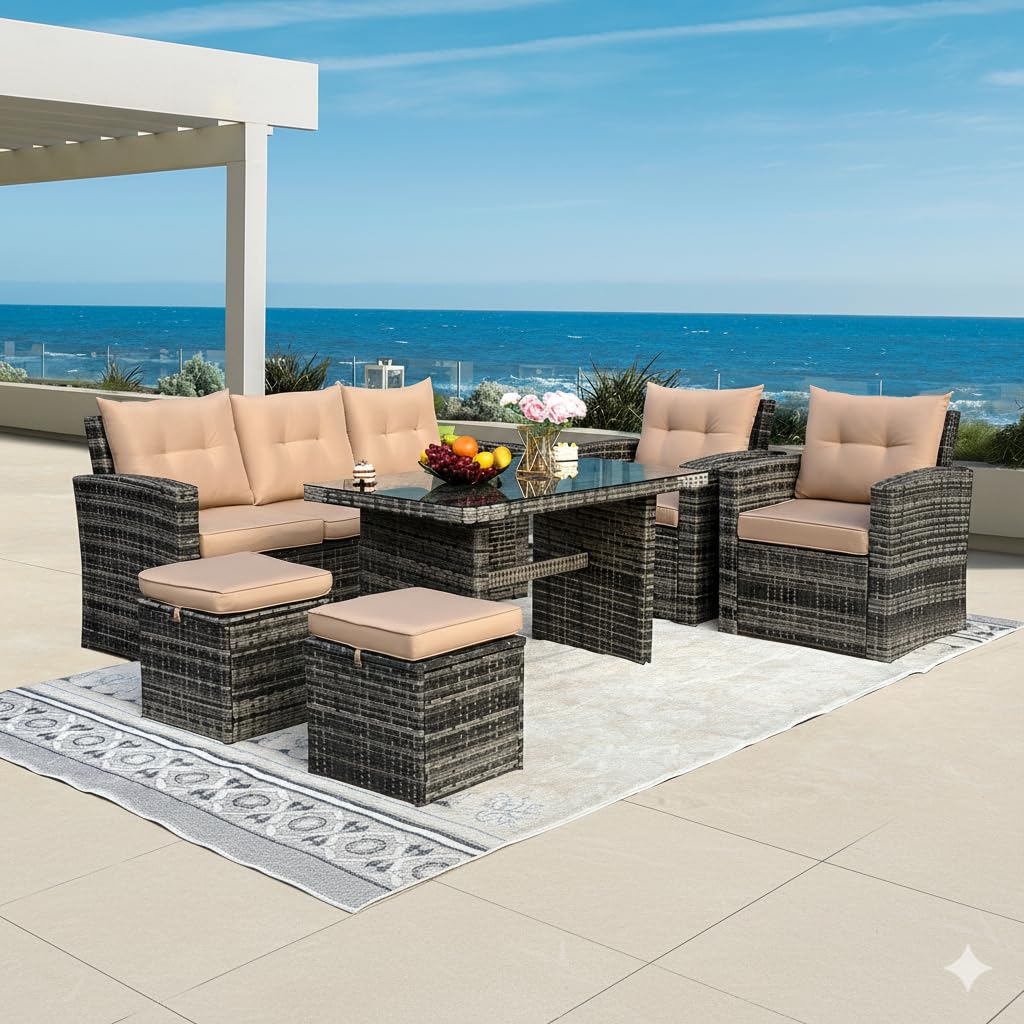 ZJEYEJZ 6 Pieces Patio Furniture Set - All-Weather Outdoor Wicker Sectional Conversation Sofa, Rattan Patio Seating Sofa Set with 4'' Cushion and Glass Table for Porch Poolside, Brown ZJEYEJZ