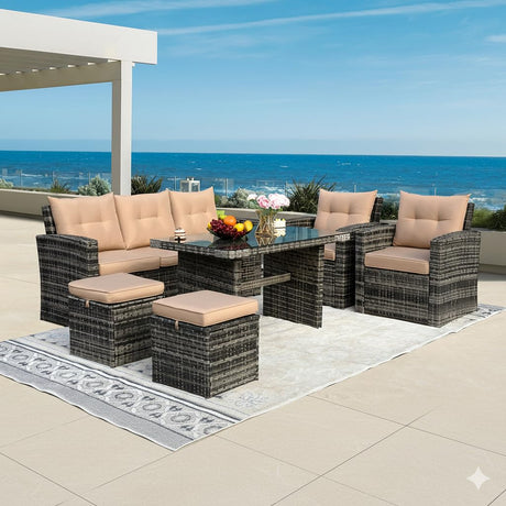 ZJEYEJZ 6 Pieces Patio Furniture Set - All-Weather Outdoor Wicker Sectional Conversation Sofa, Rattan Patio Seating Sofa Set with 4'' Cushion and Glass Table for Porch Poolside, Brown ZJEYEJZ