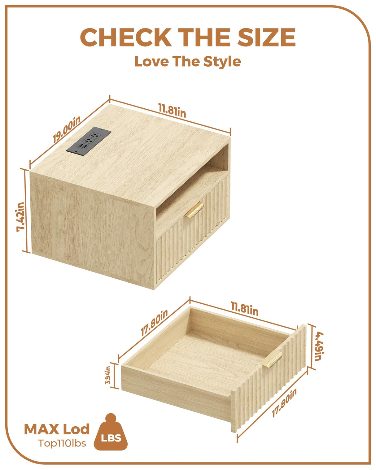 Floating Nightstand Set of 2 - Fluted Night Stand with Charging Station Wood Wall Mounted Nightstand with Drawer & Open Shelf, Modern Bedside Table Large End Table for Bedroom Closet DEMEGA