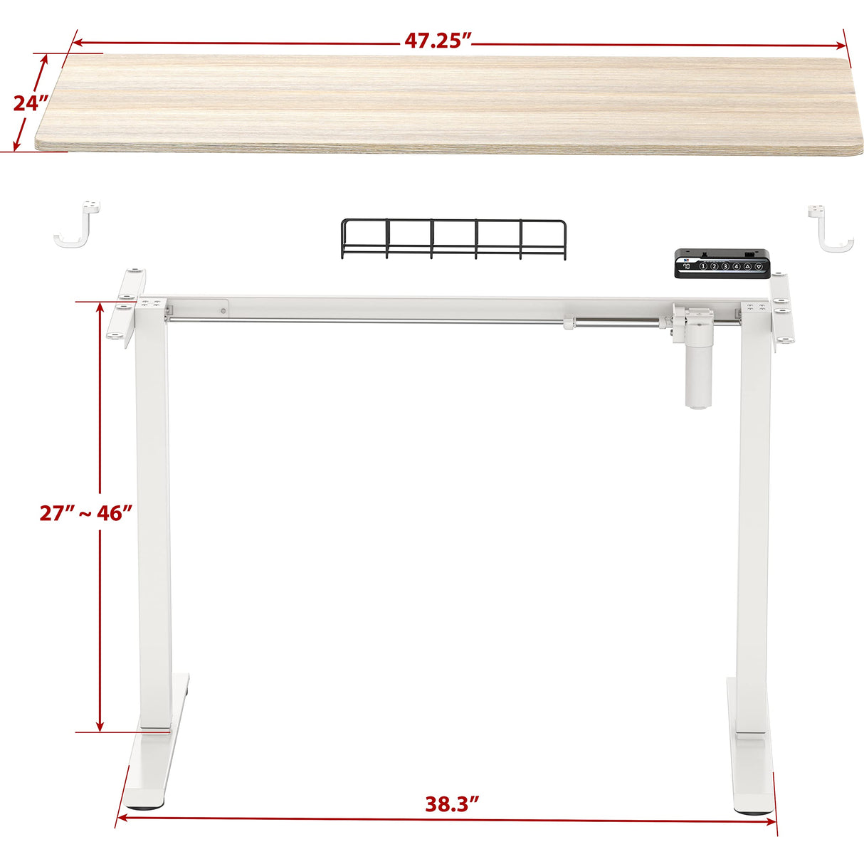 SHW Electric Height Adjustable Sit Stand Desk with Hanging Hooks and Cable Management, 48 x 24 Inches, White Frame and Maple Top SHW