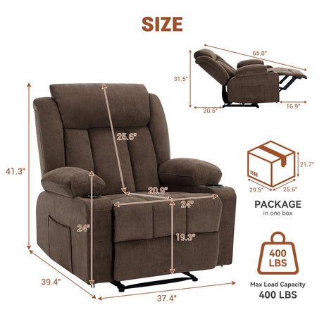 Oversized Recliner Chair,Classic and Traditional Manual Recliner Chair With Vibration Massage and Heat, Comfy Overstuffed Deep Seat Sofa With Side Pockets, Front Pockets and Cup Holder for Living Room Takywep