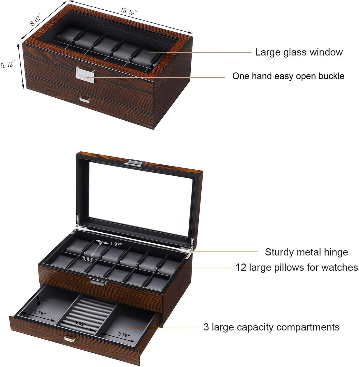 BEWISHOME 12 Watch Box with Valet Drawer, Luxury Watch Case,Watch Organizer for Mens Accessories with Real Glass Top,Metal Hinge, Brown SSH02Y BEWISHOME
