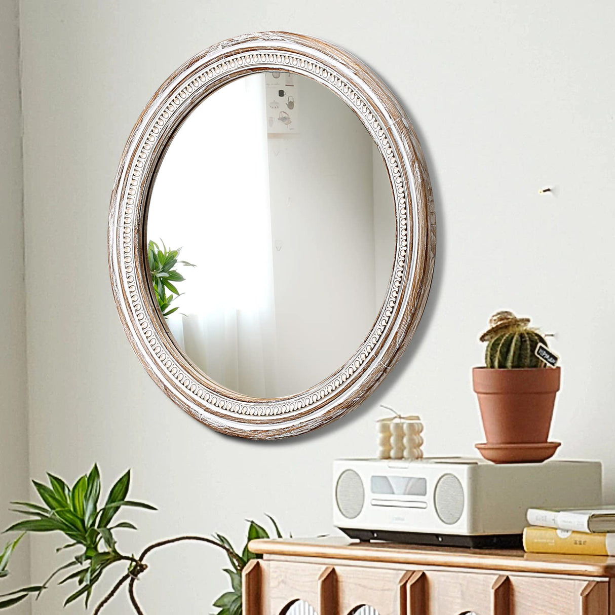 HOITUZYUS 24 Inch Round Wood Mirror, Rustic Farmhouse Circle Mirror with Beaded Design, Distressed Boho Decorative Wall Mirror for Entryway, Bathroom, Bedroom, Living Room HOITUZYUS