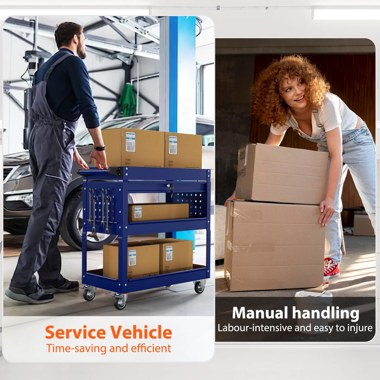 3-Tier Heavy Duty Utility Cart on Wheels, Rolling Tool Cart on Wheels with a Drawer, 350 Lbs Load Capacity Rolling Tool Storage Organizer for Garage, Warehouse and Repair Shop(Dark Blue) SGmory