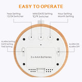 Plumeet Wooden Digital Alarm Clock for Bedrooms, Wood 4'' Battery Powered Alarm Clock with Snooze and Nightlight, Electronic LCD Desk Clock Display Time, Date, Temp, 12/24H, Wood Décor, Round, Brown Plumeet