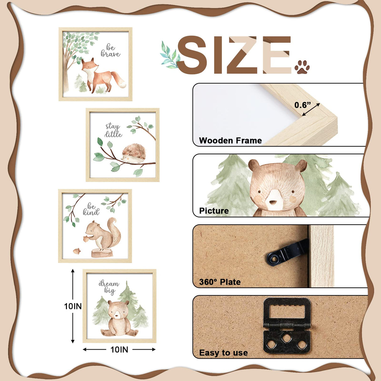 ArtbyHannah Framed Woodland Nursery Cute Wall Decor, 10x10 inch Safari Animals Prints Baby Wall Art with Wood Picture Frames for Kids Playroom Light-Wood Decoration(4 Pack, Fox, Owl, Squirrel, Bear) ArtbyHannah