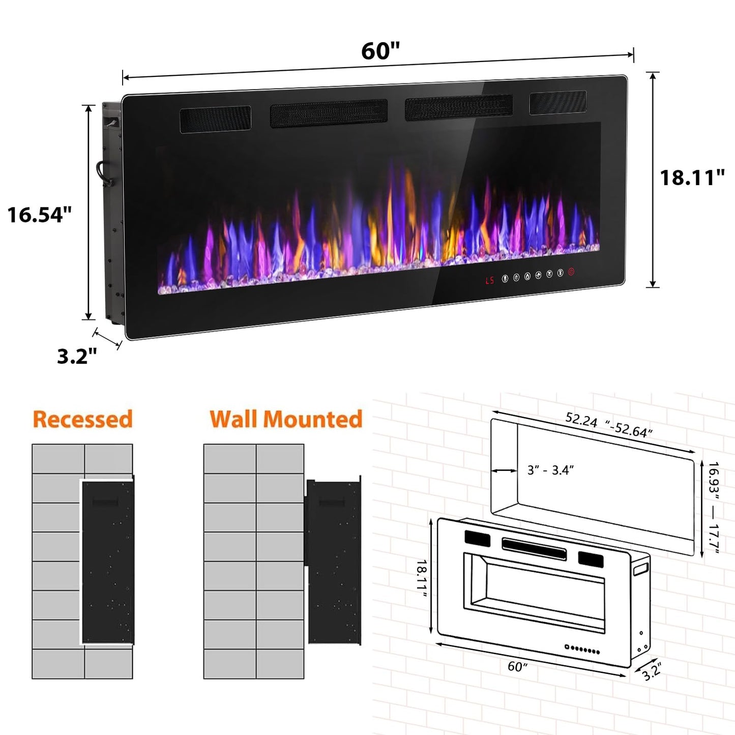 VENDORZ Electic Fireplace, 60" Recessed and Wall Mounted Electric Fireplace, Ultra-Thin Electric Fireplace Inserts Heater, 750W/1500W Fire Places Insert and Wall Electric Fireplace with Remote Control