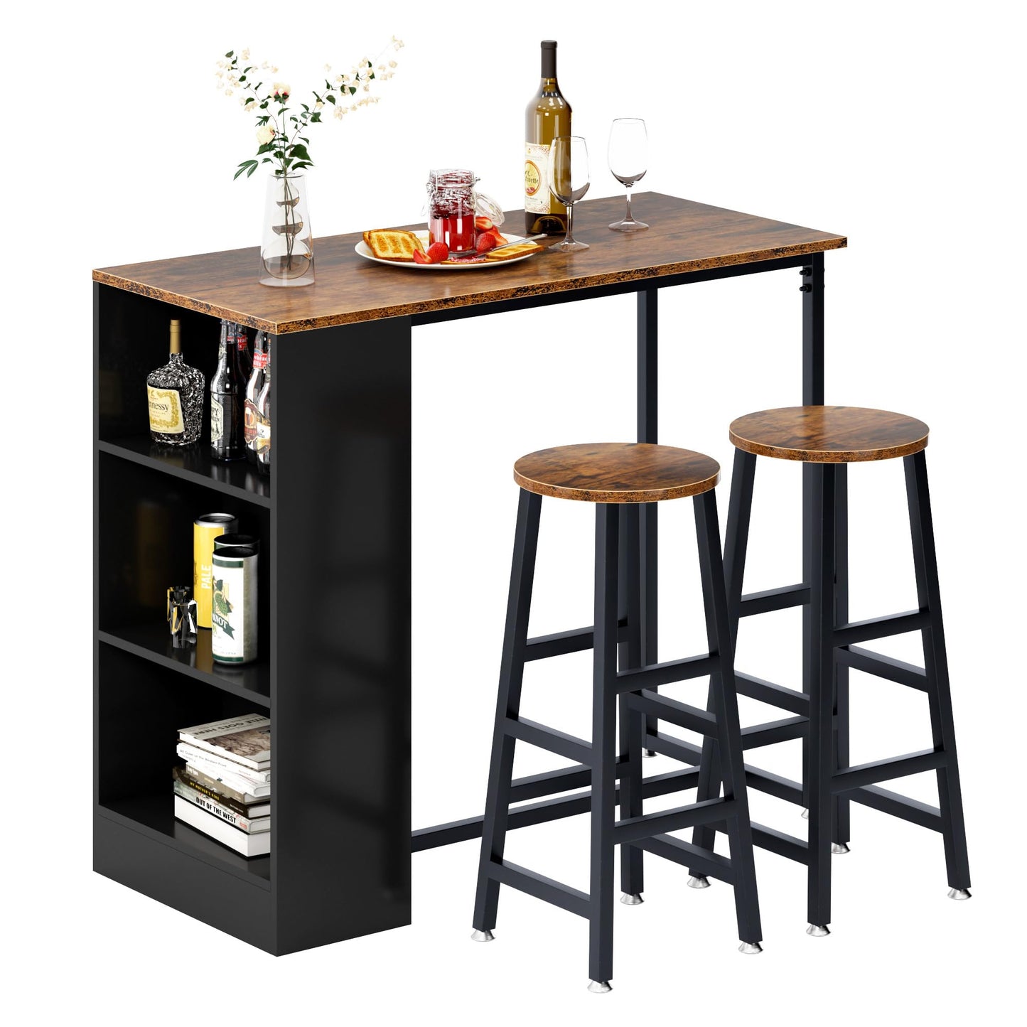 Sogesfurniture 3-Piece Brown Pub Bar Table Set with Stools and Storage Shelves