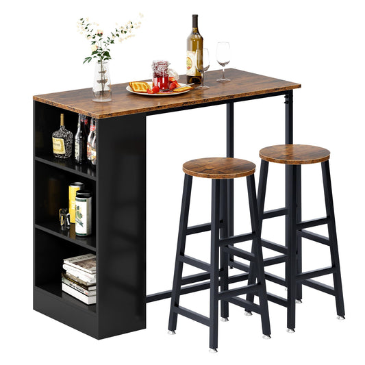 Sogesfurniture 3-Piece Brown Pub Bar Table Set with Stools and Storage Shelves