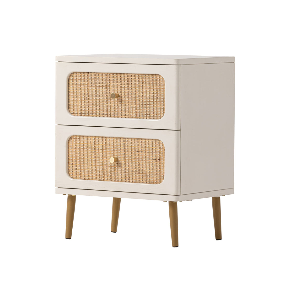 LONYKE Wicker Rattan Nightstand Set of 2, 2-Drawer End Table White Finish Side Table for Small Spaces, Modern Farmhouse Wooden Bedside Table, Boho Mid-Century Coastal Storage Cabinet LONYKE