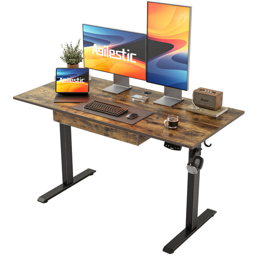 Agilestic Adjustable Height Electric Standing Desk with Storage Wooden Drawer, 48 x 24 Inches Stand Up Home Office Computer Gaming Table with Splice Board for Work Office Home, Rustic Brown