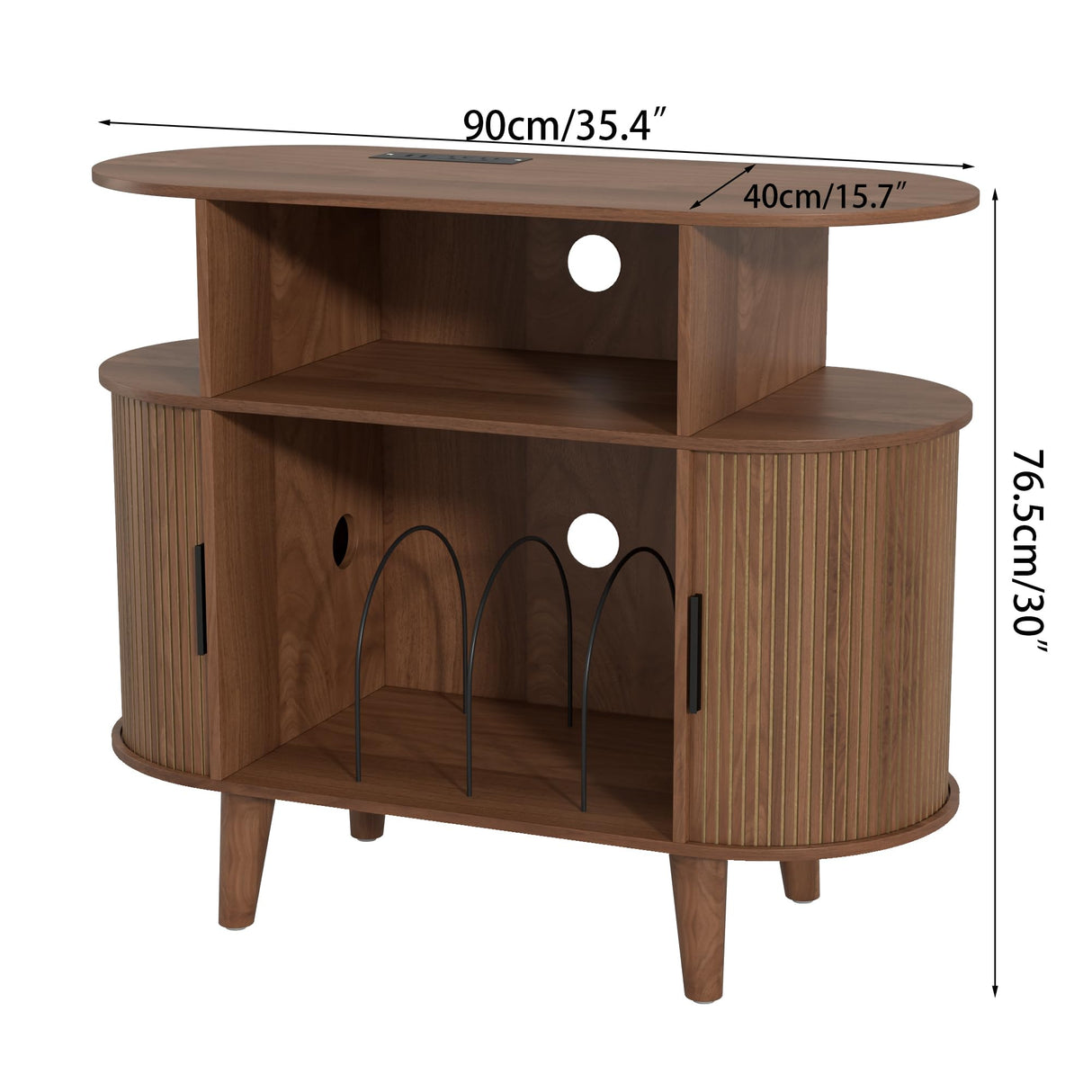 LUVIOHOME Large Round Record Player Stand with Charging Station & USB Ports，Record Storage Cabinet, Mid Century Modern Turntable Stand for Bedroom Living Room (Small Brown) LUVIOHOME