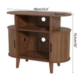 LUVIOHOME Large Round Record Player Stand with Charging Station & USB Ports，Record Storage Cabinet, Mid Century Modern Turntable Stand for Bedroom Living Room (Small Brown) LUVIOHOME