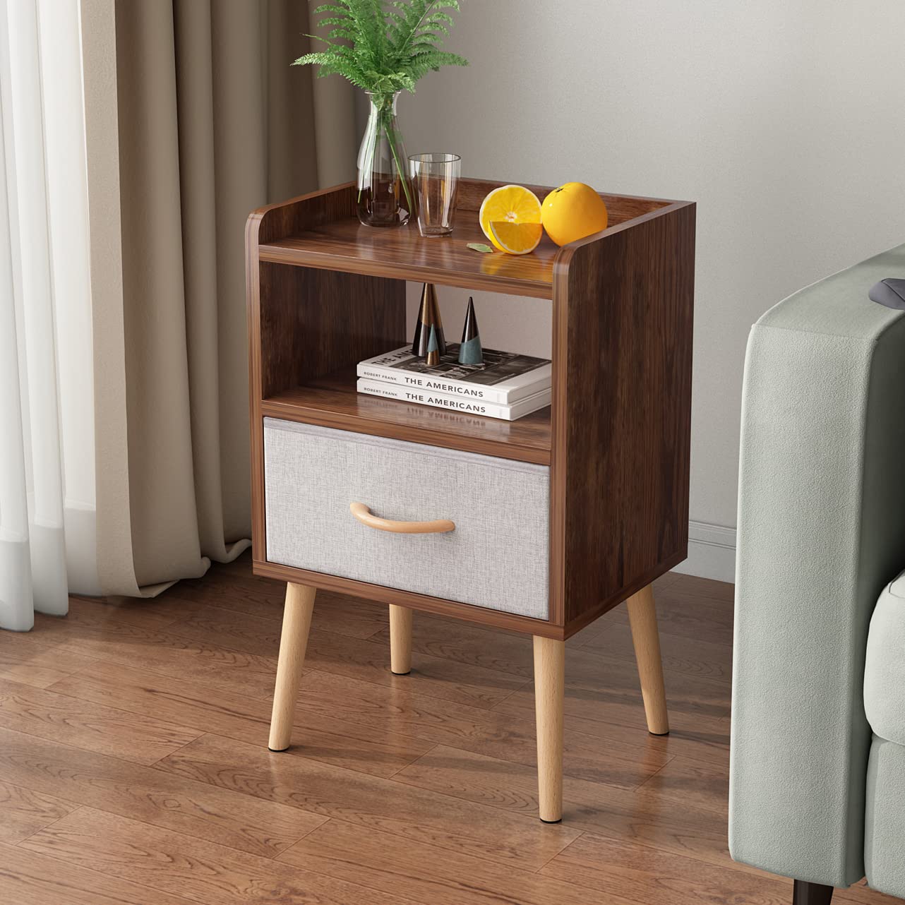 LUCKNOCK NightStand with Fabric Drawer, Bedside Table with Solid Wood Legs, Minimalist and Practical End Side Table with Open Storage Shelf for Bedroom, Rustic Brown. - WoodArtSupply