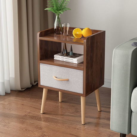 LUCKNOCK NightStand with Fabric Drawer, Bedside Table with Solid Wood Legs, Minimalist and Practical End Side Table with Open Storage Shelf for Bedroom, Rustic Brown. LUCKNOCK