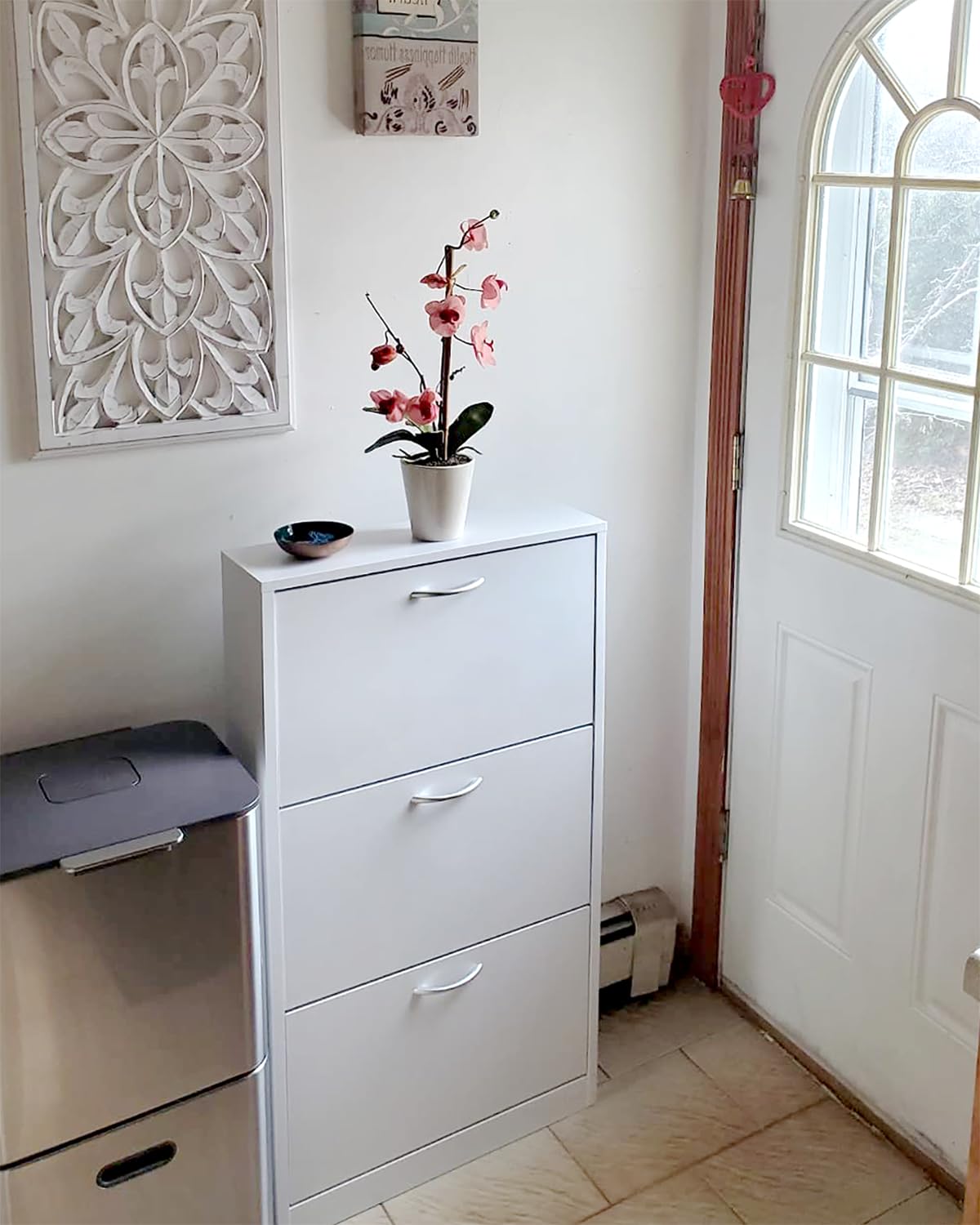 HOPUBUY Shoe Cabinet for Entryway, White Narrow Shoe Storage Cabinet Flip Down Shoe Rack Wood 3 Tier Shoe Organizer for Home and Apartment HOPUBUY