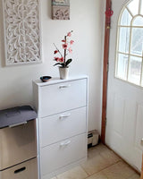 HOPUBUY Shoe Cabinet for Entryway, White Narrow Shoe Storage Cabinet Flip Down Shoe Rack Wood 3 Tier Shoe Organizer for Home and Apartment HOPUBUY