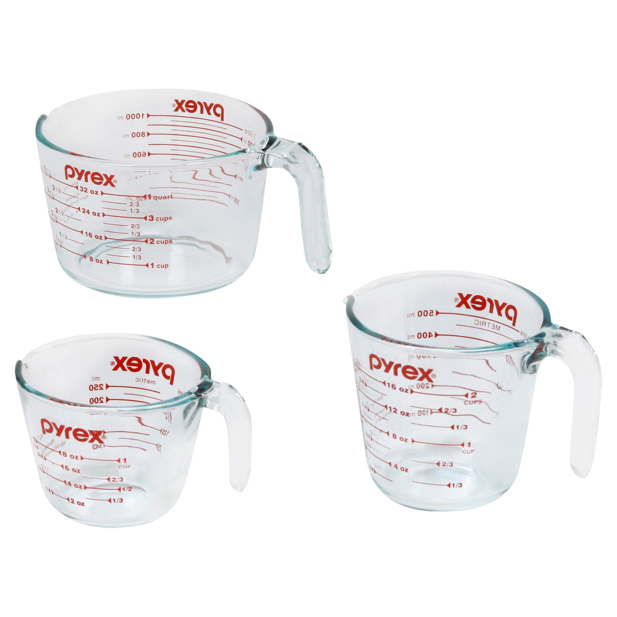 Pyrex 3 Piece Measuring Cup Set, Includes 1, 2, and 4 Tempered Glass Liquid Measuring Cups, Dishwasher, Freezer, Microwave, and Oven Safe, Essential Kitchen Tools Pyrex
