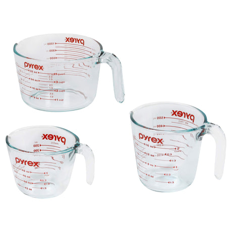 Pyrex 3 Piece Measuring Cup Set, Includes 1, 2, and 4 Tempered Glass Liquid Measuring Cups, Dishwasher, Freezer, Microwave, and Oven Safe, Essential Kitchen Tools Pyrex