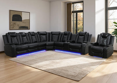 Anthato Black Power Recliner Sectional Sofa Set with LED, Breathing Leather Reclining Corner Couch & Chair, L-Shaped Home Theater Seating with Cup Holders/Storage for Living Room (Sectional+Chair)