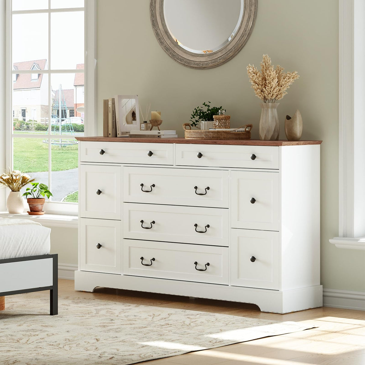 MAHANCRIS Farmhouse 9 Drawer Dresser for Bedroom, 55.1'' Modern Dresser, Engineered Wood Chest of Drawers, TV Stand with Storage, for Bedroom, Living Room, Hallway, White and Walnut MAHANCRIS