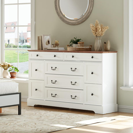 MAHANCRIS Farmhouse 9 Drawer Dresser for Bedroom, 55.1'' Modern Dresser, Engineered Wood Chest of Drawers, TV Stand with Storage, for Bedroom, Living Room, Hallway, White and Walnut MAHANCRIS