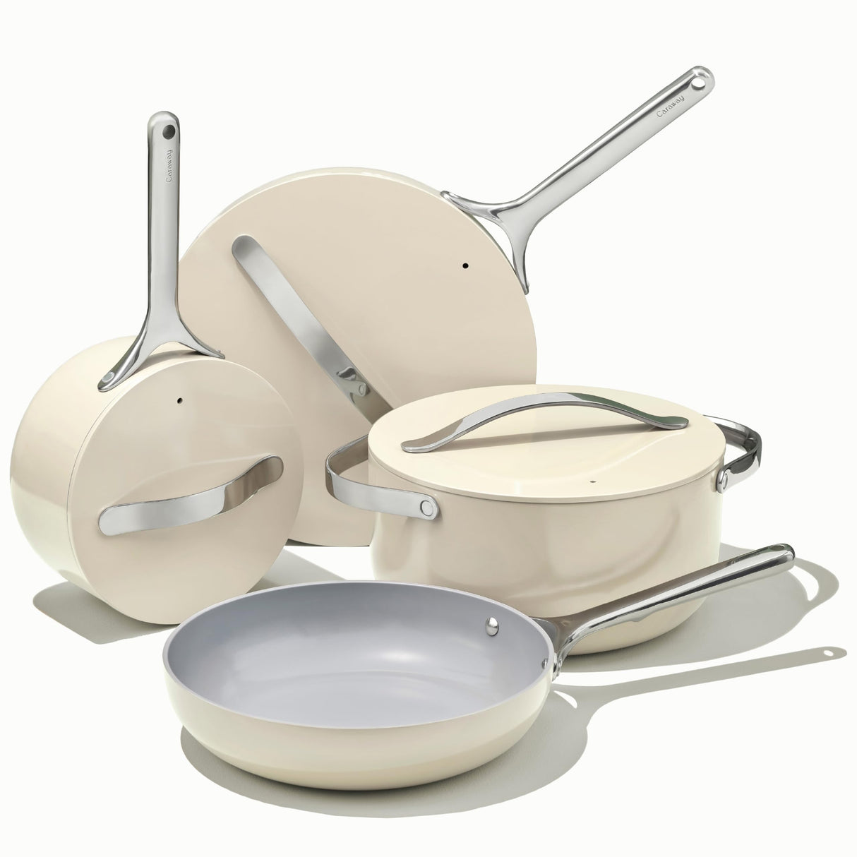 Caraway Nonstick Ceramic Cookware Set (12 Piece) Pots, Pans, 3 Lids and Kitchen Storage - Non Toxic - Oven Safe & Compatible with All Stovetops - Cream Caraway