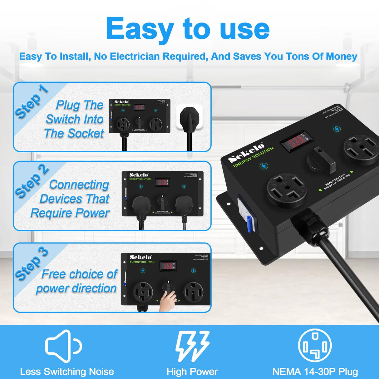Manual EV Charging Switch for Dryer & EV, NEMA 14-30P to 14-30R & 14-50R, 240V, 25A Power Splitter Switch, with a Safety Breaker Switch, Hand-Operated Selector, Plug and Play Sekelo