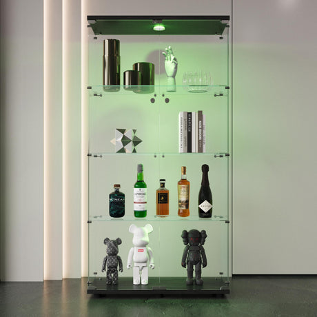 64.7" Glass Display Cabinet 4-Shelf Black Display Case with LED Light and Two Glass Doors Modern Curio Collection Cabinet, Floor Standing Bookshelf for Living Room Office（Black 64.7"x31.7"x14.3"） Fulocseny