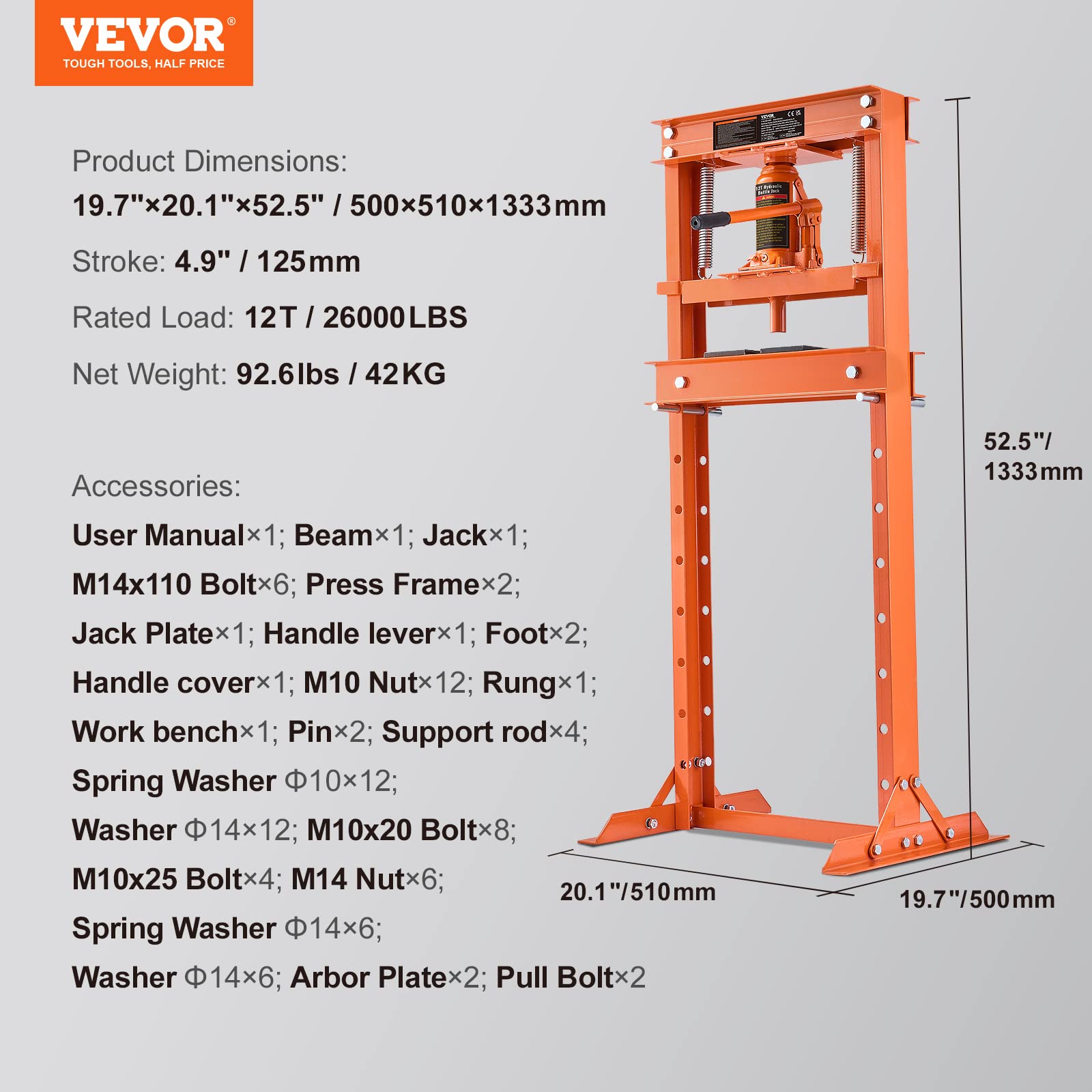 VEVOR Hydraulic 12 Ton H-Frame Garage Floor Adjustable Shop Press with Plates, 12T, Orange - WoodArtSupply