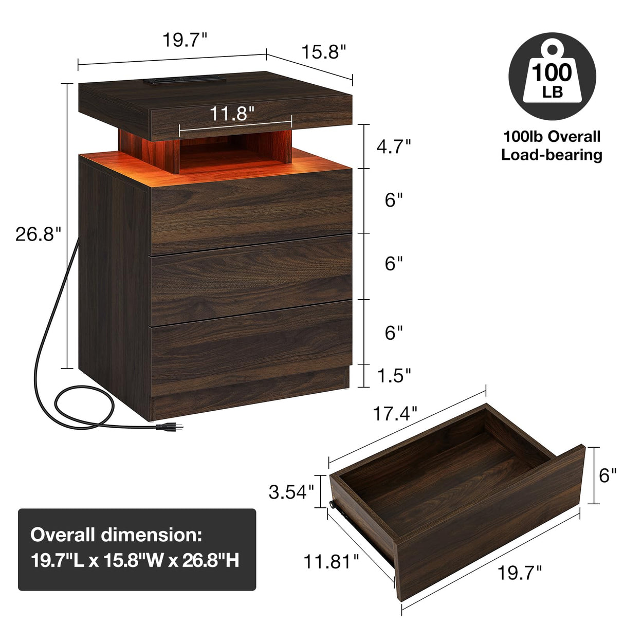 HOMMPA LED Nightstand with Wireless Charging Station Dark Walnut Mid Century Bedside Table with Led Light Smart Nightstand USB Port Type C Tall Night Table with 3 Drawers Wood Night Stand for Bedroom HOMMPA