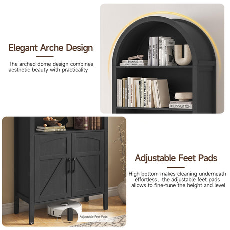 ONBRILL 71" Tall Arched Bookshelf, 5-Tier Arched Bookcase with Door & Storage Cabinet, Farmhouse Display Bookshelf Cabinet with Adjustable Shelf, Freestanding Wood Bookcase for Home Office, Study ONBRILL