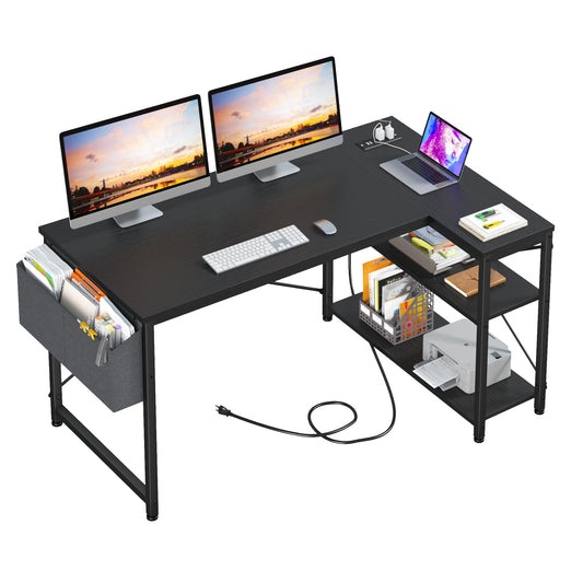 EnHomee 47" Computer Desk with Power Outlets,L Shaped Desk with Storage Shelves,Home Offic Corner Desk for Work,Writing Study Desk with Gaming Desk for Bedroom Office Dorm,Black