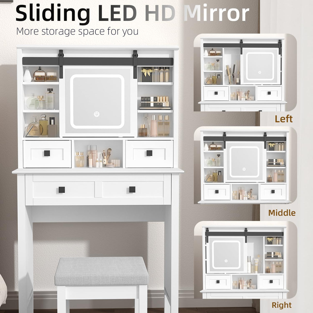 MECHYIN Farmhouse Makeup Vanity Desk with Sliding Mirror, Vanity Set with Stool & Charging Station & 3 Brightness Lights, Ample Storage, Dressing Table for Women Girls Bedroom, White MECHYIN