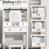 MECHYIN Farmhouse Makeup Vanity Desk with Sliding Mirror, Vanity Set with Stool & Charging Station & 3 Brightness Lights, Ample Storage, Dressing Table for Women Girls Bedroom, White MECHYIN