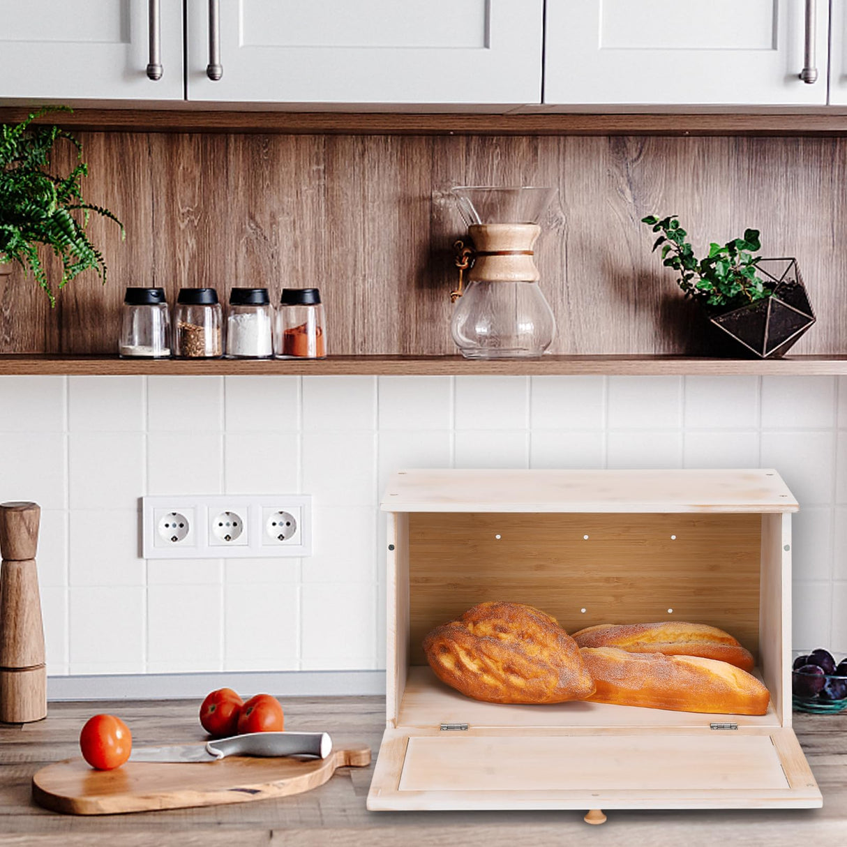 HOMEKOKO Vintage Large Wood Bread Box for Kitchen Counter, Retro Design Single Layer Bamboo Large Capacity Food Storage Bin (White) HOMEKOKO
