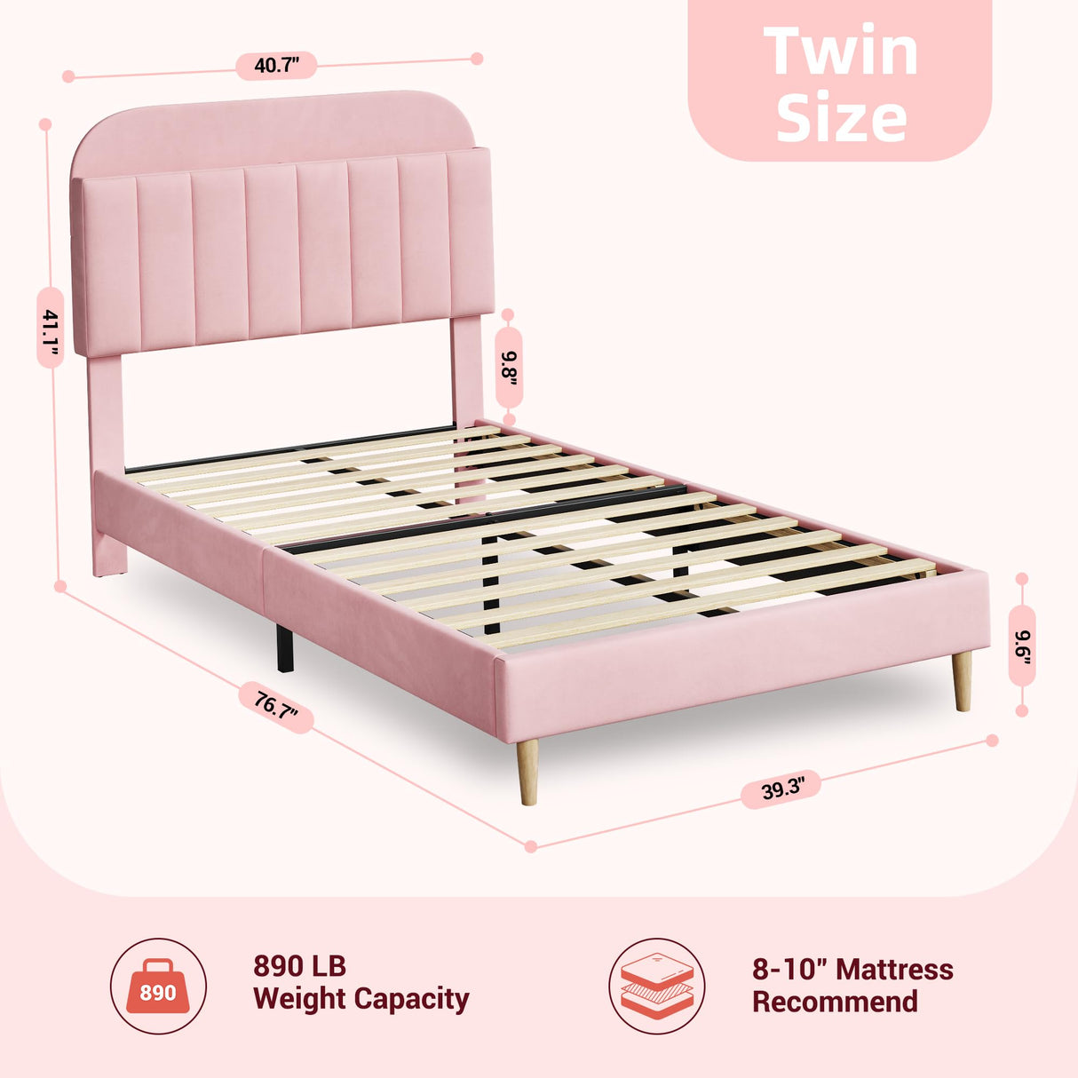 IDEALHOUSE Twin Bed Frames, Upholstered Platform Bed Frame with Bookcase Headboard, Velvet Platform Bed Mattress Foundation, Heavy Duty Steel Support Legs, Easy Assembly, Noise Free, Light Pink IDEALHOUSE