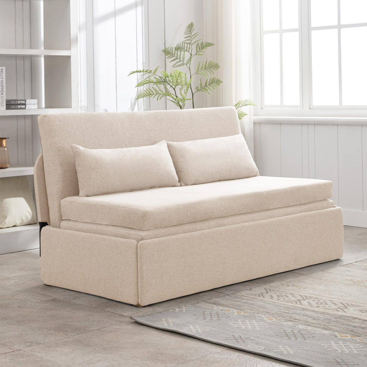 CECER Queen Size Pull Out Sofa Bed With 2 Pillows, Linen Convertible Sleeper With Comfy Mattress, 2 in 1 Armless Loveseat for Small Space-Beige CECER