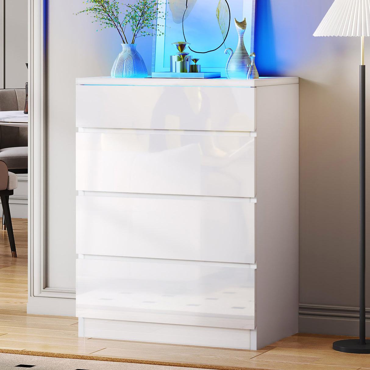 YITAHOME Dresser with LED, High Gloss Surface Large Chest of Drawers Storage Organizer with Glass Top, 4 Drawers TV Stand, Wide Dresser for Living Room YITAHOME