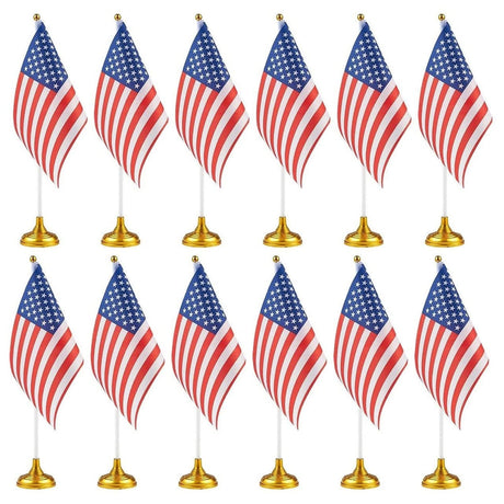 12-Pack Mini American Flags with Stand Base for Desk, Veterans, 4th of July, Memorial Day Small Miniature USA Desktop Centerpiece for Patriotic Home Office Table Party Decorations Juvale