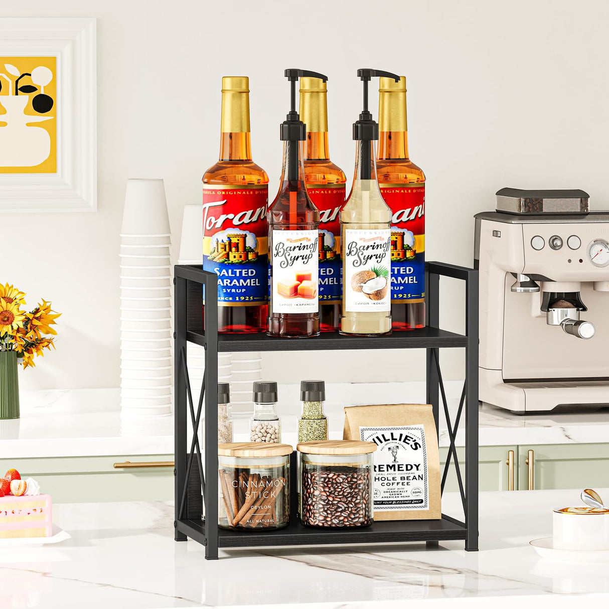 Giikin Countertop Organizer, 2 Tier Coffee Station Organizer for Desktop, Wood Counter Shelf Spice Rack for Kitchen (Black, M) Giikin