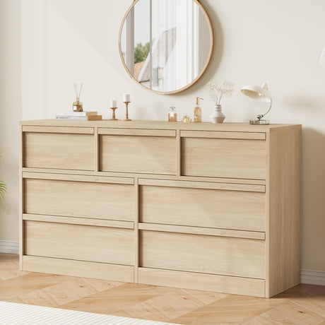 GAOMON 7 Drawer Dresser for Bedroom, Wooden Double Dresser Organizer with Storage Freestanding, Modern Chest of Drawers for Bedroom, Living Room, Nursery - Natural GAOMON