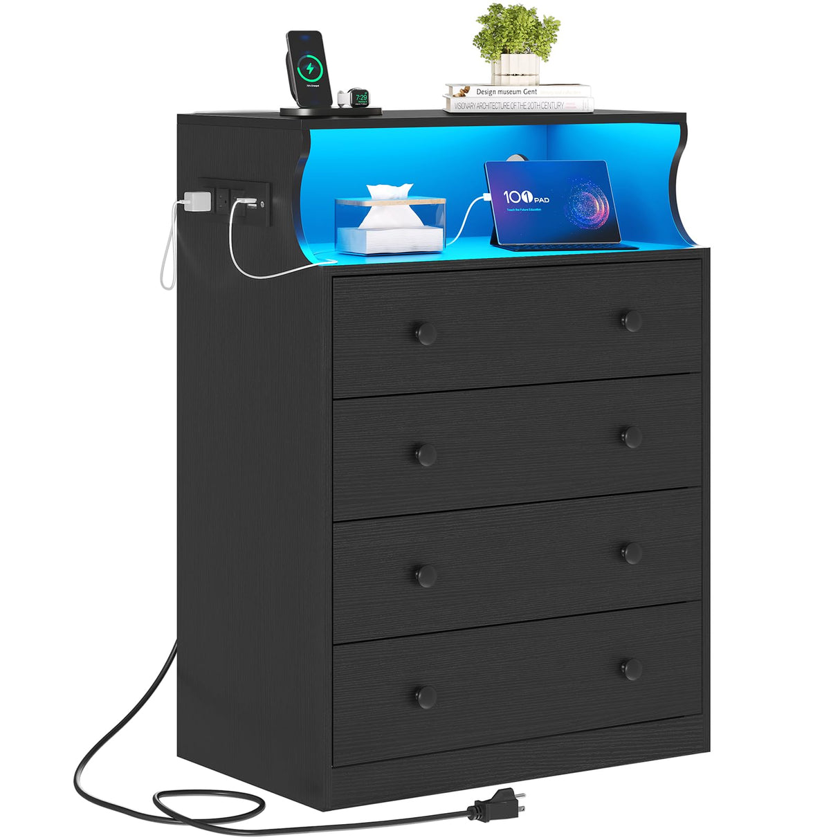 Hasuit Black Dresser with Charging Station, 4 Drawers LED Dresser for Bedroom, Chest of Drawers with Open Space, Large Capacity Tall Storage Cabinet, Black Dresser for Bedroom Hasuit