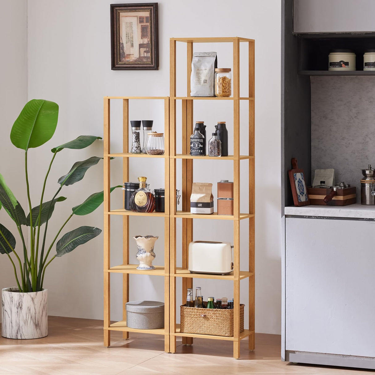 YUFAM 54in Tall Bookshelf 5-Tier Small Narrow Bookcase, Skinny Book Shelf for Small Space, Farmhouse Slim Shelf with Storage, Wood Freestanding Display Thin Bookshelves for Living Room, Natural YUFAM