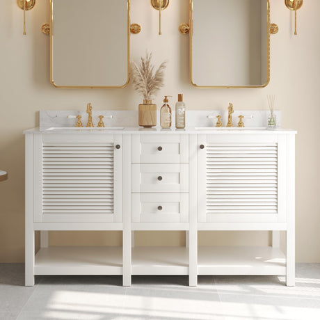 Deer Valley DV-1BV0157W 60'' Bathroom Vanity with Double Sink Top, Pre-Assembled Modern Wood Bathroom Cabinet Sink Combo with Backsplash Deer Valley