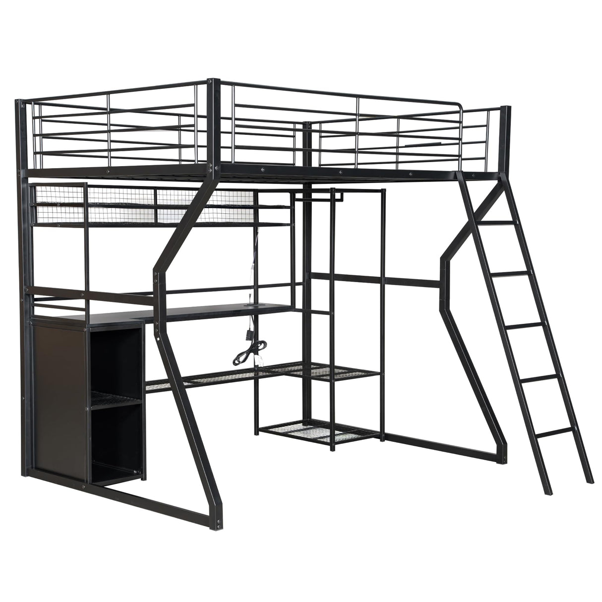 HZXINKEDZSW Full Size Metal Gaming Loft Bed with Built-in Work Station,Open Wardrobe,LED and Multiple Storage,Modern Bed Frame with Safety Guardrail for Kids Teen Bedroom Furniture (Black-15, Full) HZXINKEDZSW