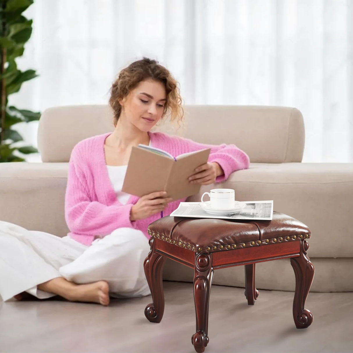 KUKEJCM Ottoman Foot Rest, Small Leather Footstool, Vintage Living Room Ottoman, Solid Wooden Shoe Stool, Dark Brown KUKEJCM