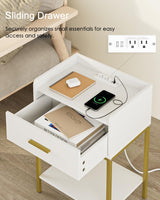 Masupu Nightstand with Charging Station,3-Tier Modern Bedside Night Stand with Storage Drawer and Shelf,Small End Side Table for Bedroom,Living Room,White Masupu